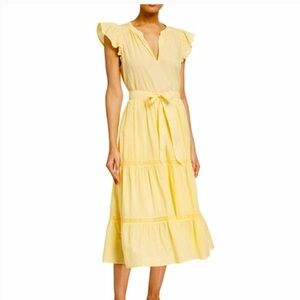 Magaschoni Sunny lemon yellow Tiered flutter sleeve Midi Dress  cotton XS